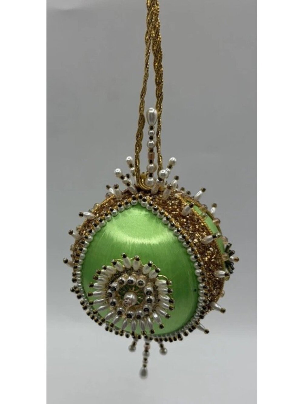 Vintage Green Gold Beaded Satin Sequin Push Pin Christmas Ornament Handmade